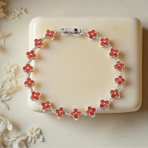 Orange Floral Sparkly Silver Plated Bracelet for small wrist